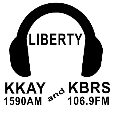 Liberty KKAY 1590AM and KBRS 106.9FM Logo featuring black headphones with white space in center